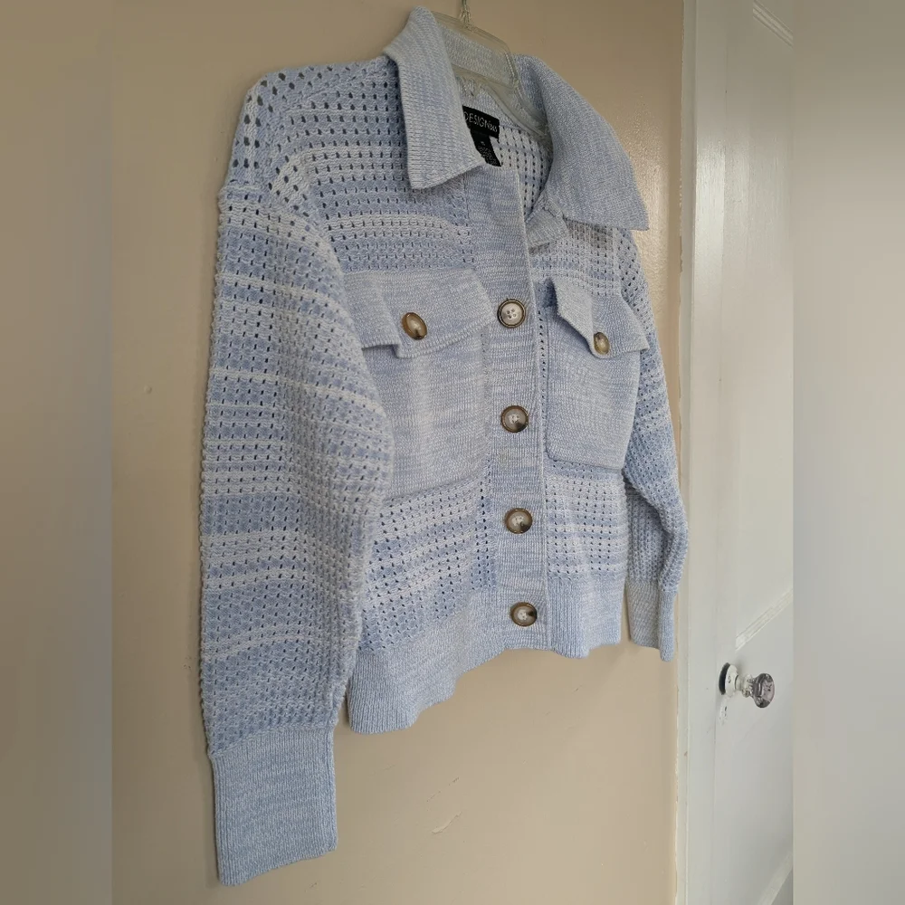 Design 365 Crocheted Knit Two Pocket Sweater Cardigan Coat Jacket, Blue (XS) - Picture 6 of 15